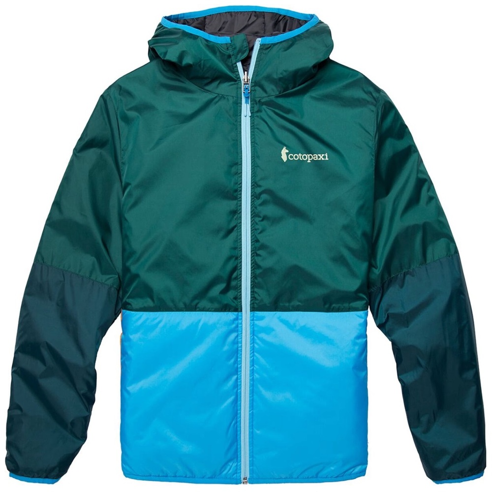 cotopaxi Green and Light Blue Hooded Windbreaker Jacket